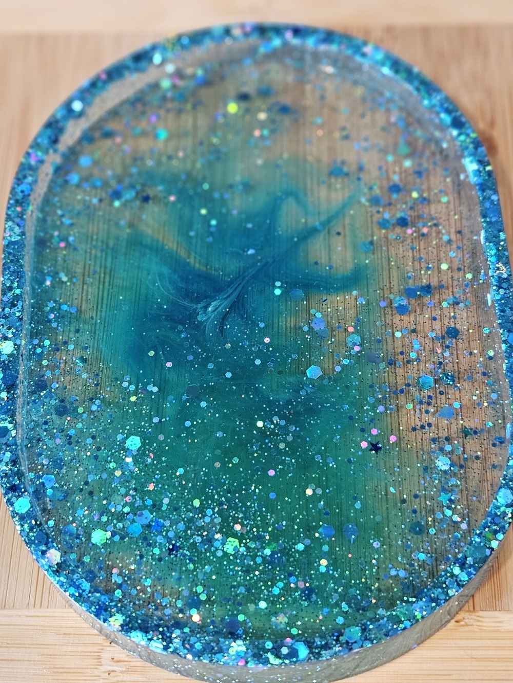 Handmade Resin Oval Tray , Sparkly Green/Blue